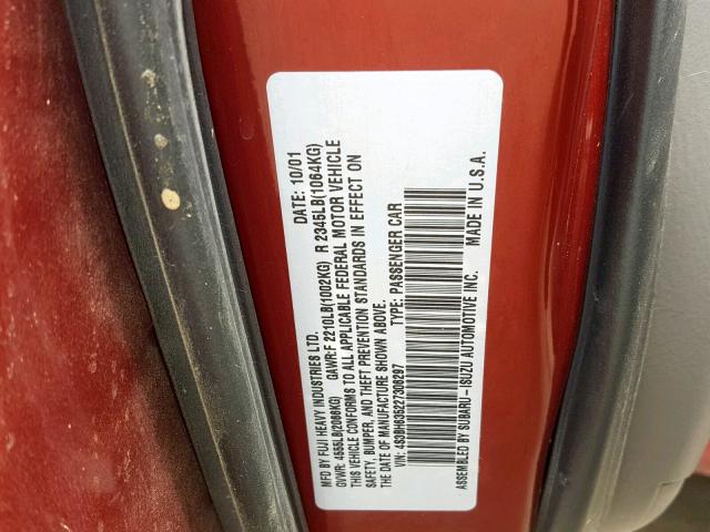 4S3BH635227306297 - 2002 SUBARU LEGACY L RED photo 10