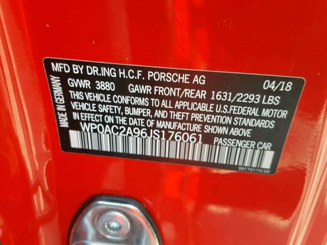 WP0AC2A96JS176061 - 2018 PORSCHE 911 GT3 RED photo 10