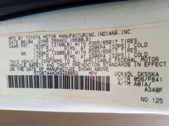 5TDBT44A34S228653 - 2004 TOYOTA SEQUOIA SR5  photo 10