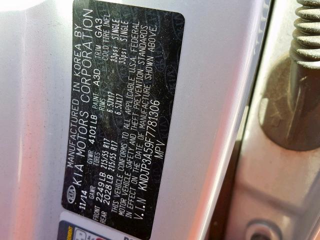 KNDJP3A59F7781306 - 2015 KIA SOUL + SILVER photo 10