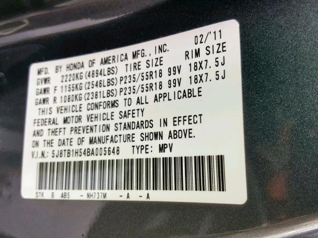 5J8TB1H54BA005648 - 2011 ACURA RDX TECHNO GRAY photo 10