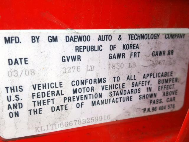 KL1TD66678B259916 - 2008 CHEVROLET AVEO BASE Qırmızı foto 10