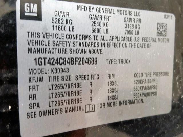 1GT424C84BF204689 - 2011 GMC SIERRA K35 BLACK photo 10