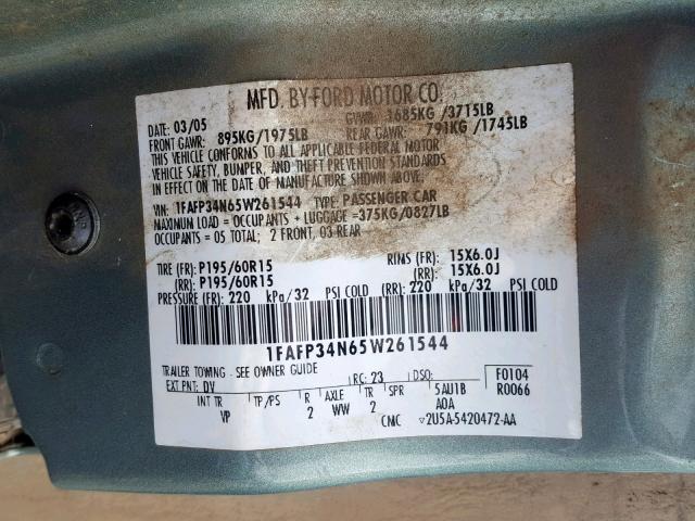 1FAFP34N65W261544 - 2005 FORD FOCUS ZX4 GREEN photo 10