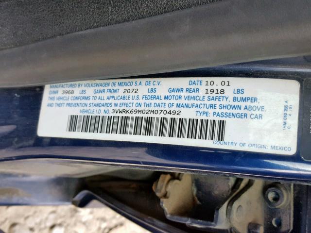 3VWRK69M02M070492 - 2002 VOLKSWAGEN JETTA GL BLUE photo 10