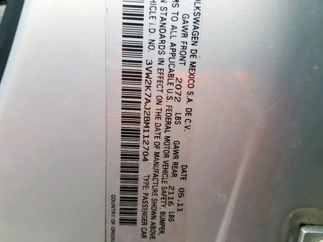 3VW2K7AJ2BM112704 - 2011 VOLKSWAGEN JETTA BASE 银色 照片 10