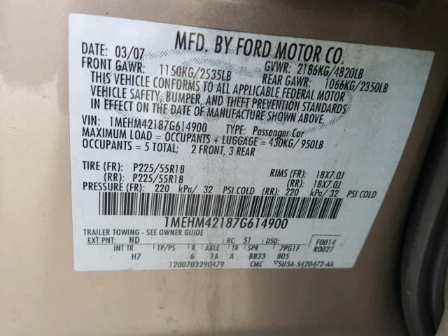 1MEHM42187G614900 - 2007 MERCURY MONTEGO PR ბეჟი ფოტო 10