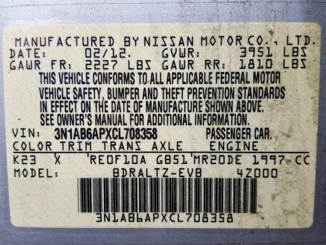 3N1AB6APXCL708358 - 2012 NISSAN SENTRA 2.0 SILVER photo 10