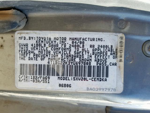 4T1BG22K3YU697808 - 2000 TOYOTA CAMRY CE BEIGE photo 10