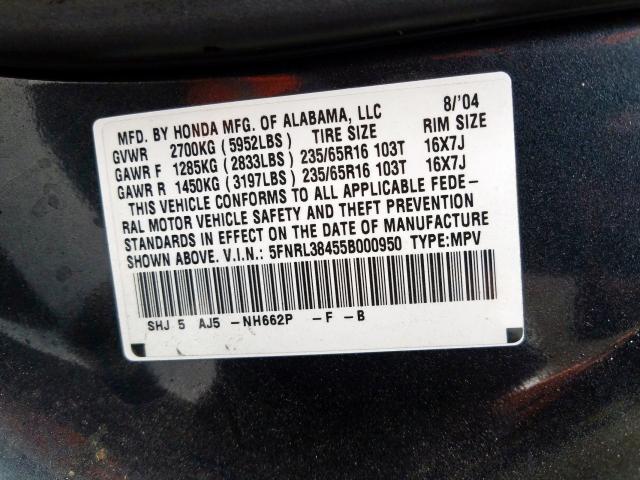 5FNRL38455B000950 - 2005 HONDA ODYSSEY EX  photo 10