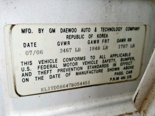 KL1TD56647B054451 - 2007 CHEVROLET AVEO BASE Ağ foto 10