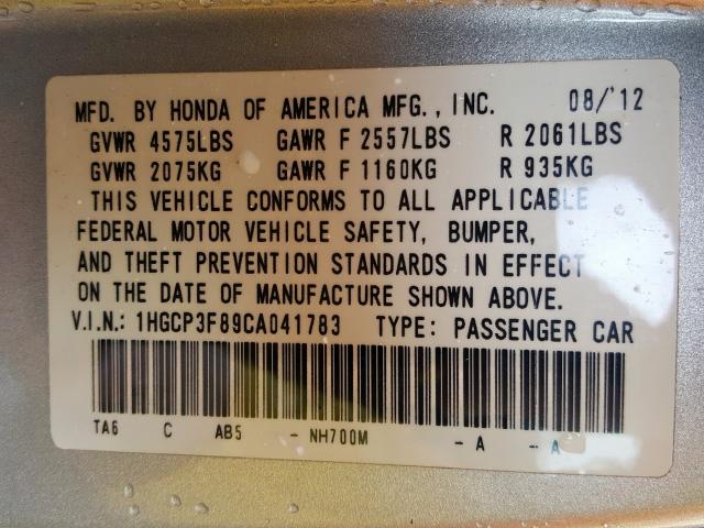 1HGCP3F89CA041783 - 2012 HONDA ACCORD EXL  photo 10