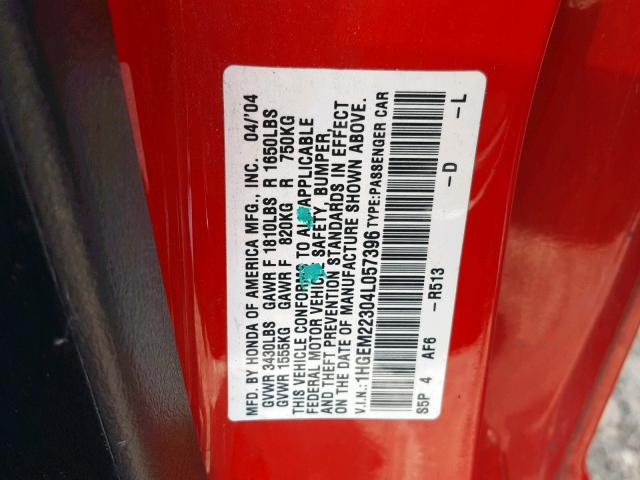 1HGEM22304L057396 - 2004 HONDA CIVIC DX V RED photo 10