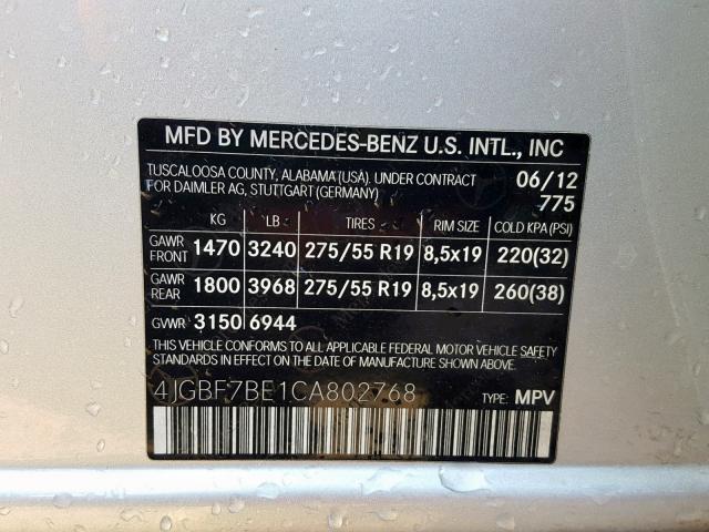 4JGBF7BE1CA802768 - 2012 MERCEDES-BENZ GL 450 4MA SILVER photo 10