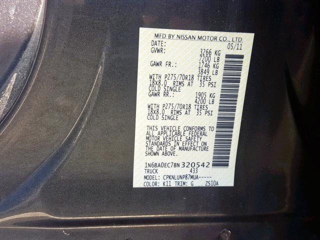 1N6BA0EC7BN320542 - 2011 NISSAN TITAN S GRAY photo 10