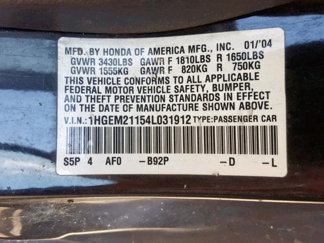 1HGEM21154L031912 - 2004 HONDA CIVIC DX V BLACK photo 10