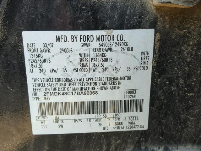 2FMDK48C17BA90068 - 2007 FORD EDGE SEL BLACK photo 10