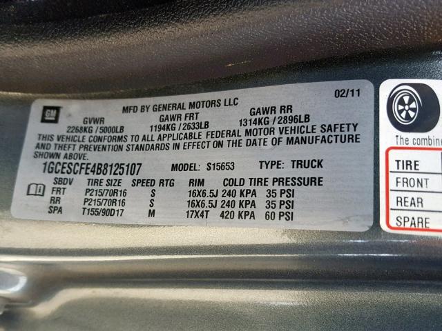 1GCESCFE4B8125107 - 2011 CHEVROLET COLORADO L GRAY photo 10