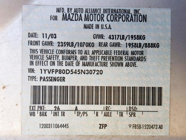 1YVFP80D545N30720 - 2004 MAZDA 6 S SILVER photo 10