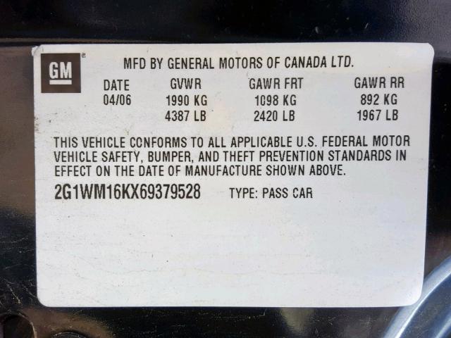 2G1WM16KX69379528 - 2006 CHEVROLET MONTE CARL 黑色 照片 10