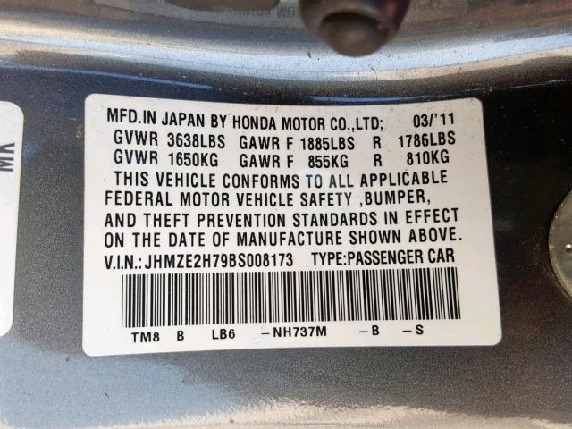 JHMZE2H79BS008173 - 2011 HONDA INSIGHT EX GRAY photo 10