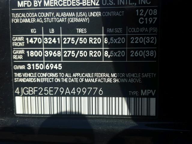 4JGBF25E79A499776 - 2009 MERCEDES-BENZ GL BLACK photo 10