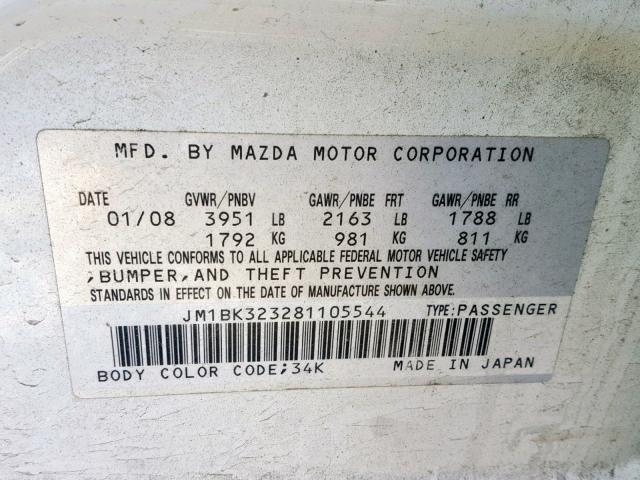 JM1BK323281105544 - 2008 MAZDA 3 S WHITE photo 10