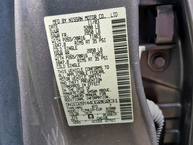 5N1ED28Y44C606031 - 2004 NISSAN XTERRA XE GRAY photo 10