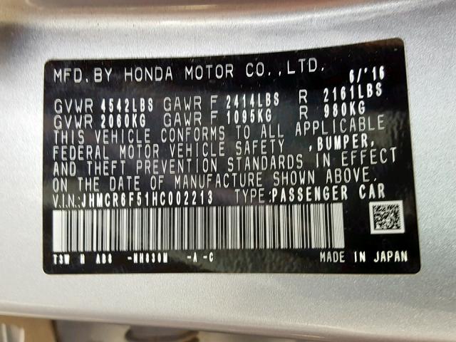 JHMCR6F51HC002213 - 2017 HONDA ACCORD HYB SILVER photo 10