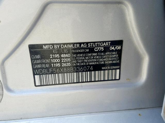 WDBUF56X88B336074 - 2008 MERCEDES-BENZ E 350 SILVER photo 10