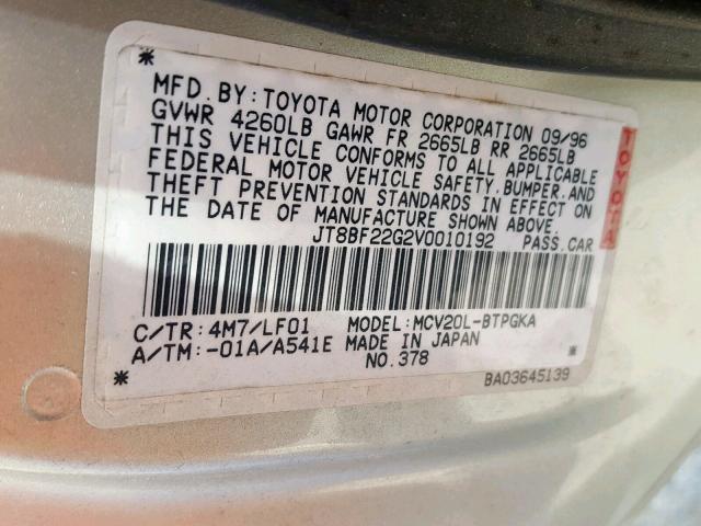 JT8BF22G2V0010192 - 1997 LEXUS ES 300 GOLD photo 10