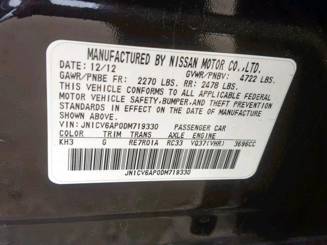 JN1CV6AP0DM719330 - 2013 INFINITI G37 BASE BLACK photo 10