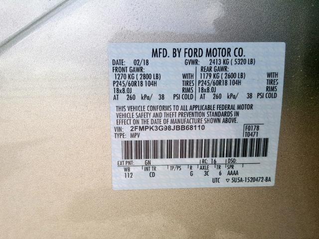 2FMPK3G98JBB68110 - 2018 FORD EDGE SE GOLD photo 10