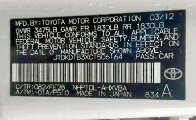 JTDKDTB3XC1506164 - 2012 TOYOTA PRIUS C WHITE photo 10