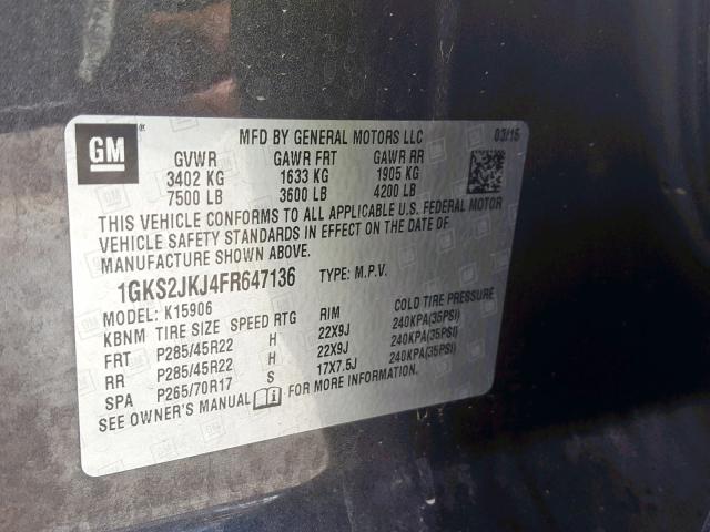 1GKS2JKJ4FR647136 - 2015 GMC YUKON XL D CHARCOAL photo 10