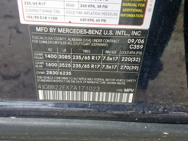 4JGBB22EX7A171023 - 2007 MERCEDES-BENZ ML 320 CDI BLUE photo 10