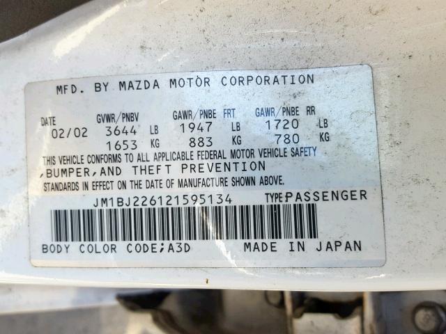 JM1BJ226121595134 - 2002 MAZDA PROTEGE DX WHITE photo 10