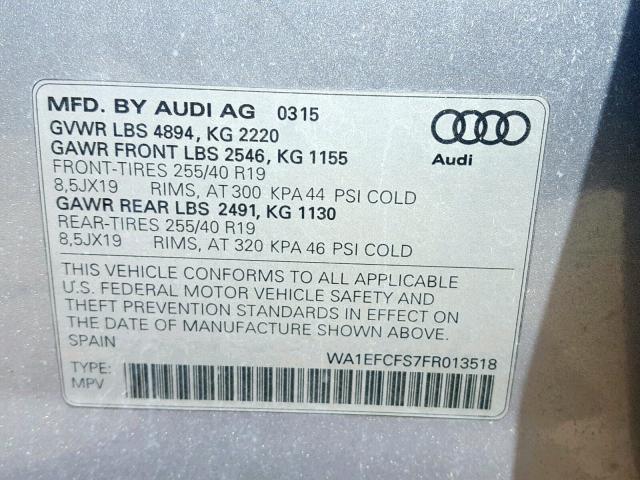 WA1EFCFS7FR013518 - 2015 AUDI Q3 PREMIUM SILVER photo 10