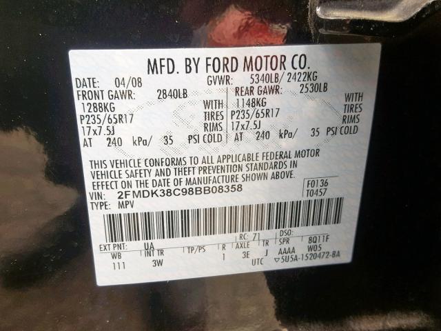 2FMDK38C98BB08358 - 2008 FORD EDGE SEL BLACK photo 10