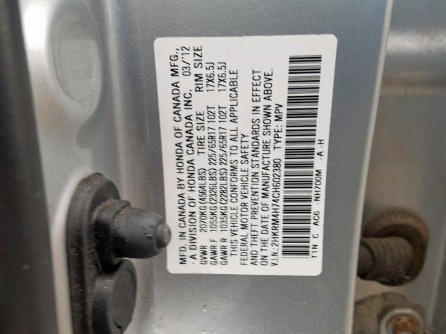 2HKRM4H74CH602380 - 2012 HONDA CR-V EXL SILVER photo 10