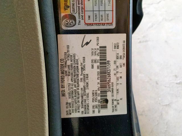 3FAHP06Z68R271599 - 2008 FORD FUSION S BLUE photo 10