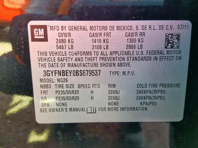 3GYFNBEY0BS679537 - 2011 CADILLAC SRX PERFOR BLACK photo 10