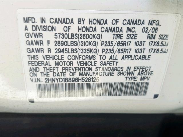 2HNYD18896H528125 - 2006 ACURA MDX TOURIN WHITE photo 10