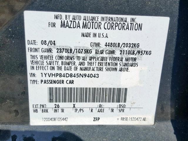 1YVHP84D845N94043 - 2004 MAZDA 6 S GRAY photo 10