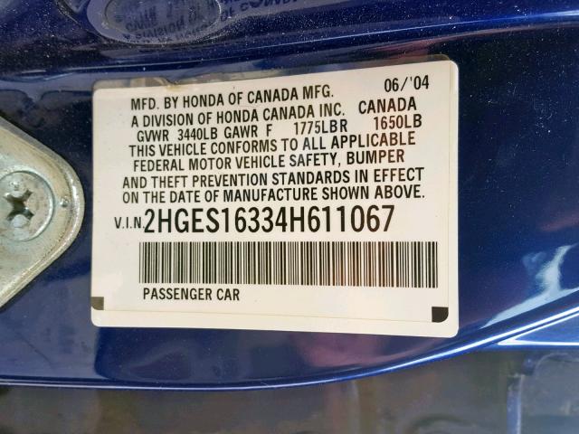 2HGES16334H611067 - 2004 HONDA CIVIC DX V BLUE photo 10