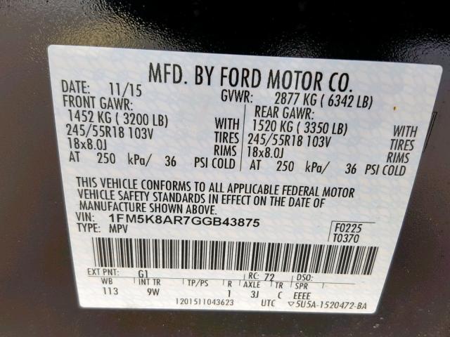 1FM5K8AR7GGB43875 - 2016 FORD EXPLORER P BLACK photo 10