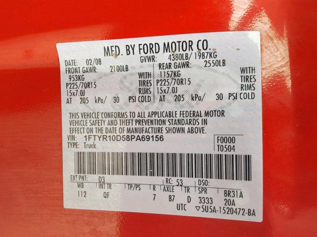 1FTYR10D58PA69156 - 2008 FORD RANGER RED photo 10