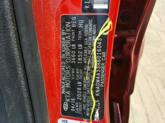 KNADM4A33H6016043 - 2017 KIA RIO LX RED photo 10