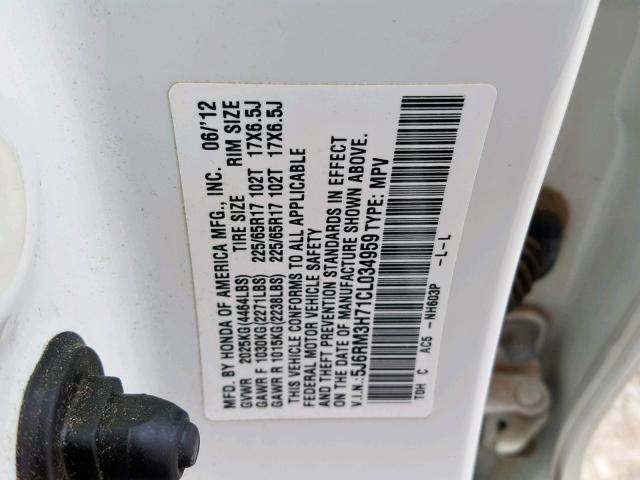 5J6RM3H71CL034959 - 2012 HONDA CR-V EXL WHITE photo 10