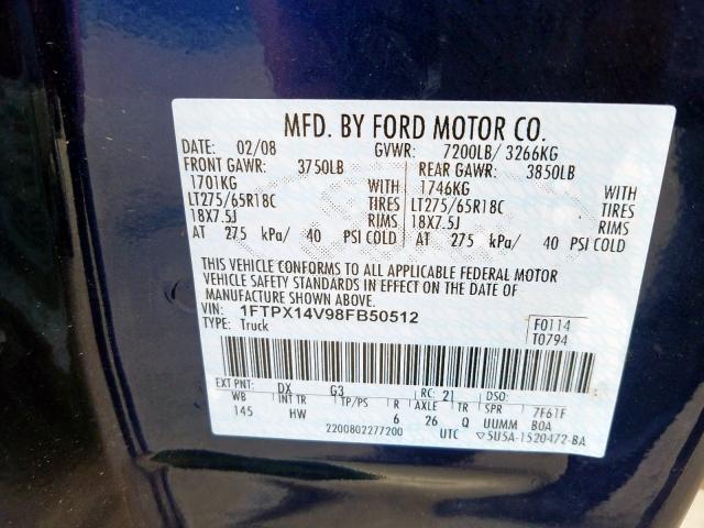 1FTPX14V98FB50512 - 2008 FORD F150  photo 10